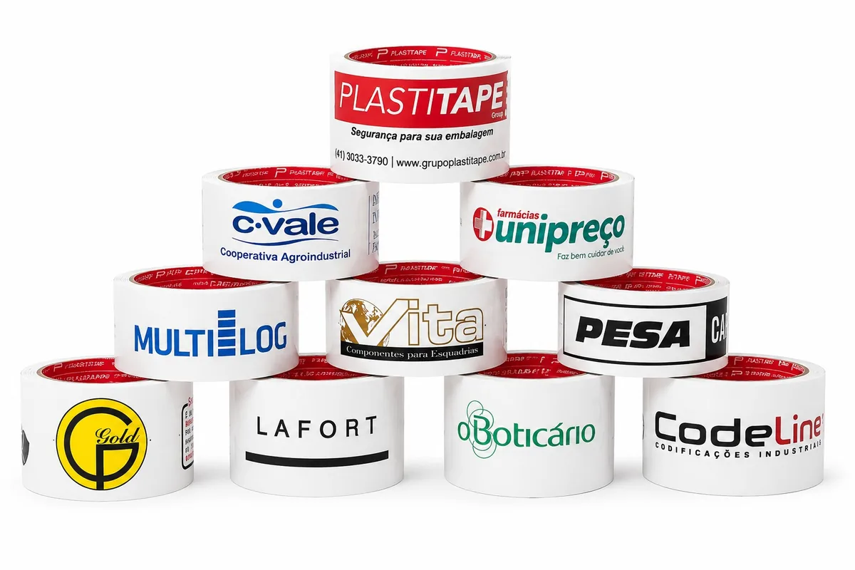 Rolos de fita personalizada de várias marcas — c·vale, Unipreço, MULTILOG, PESA, Boticário, CodeLine, Gold e LAFORT